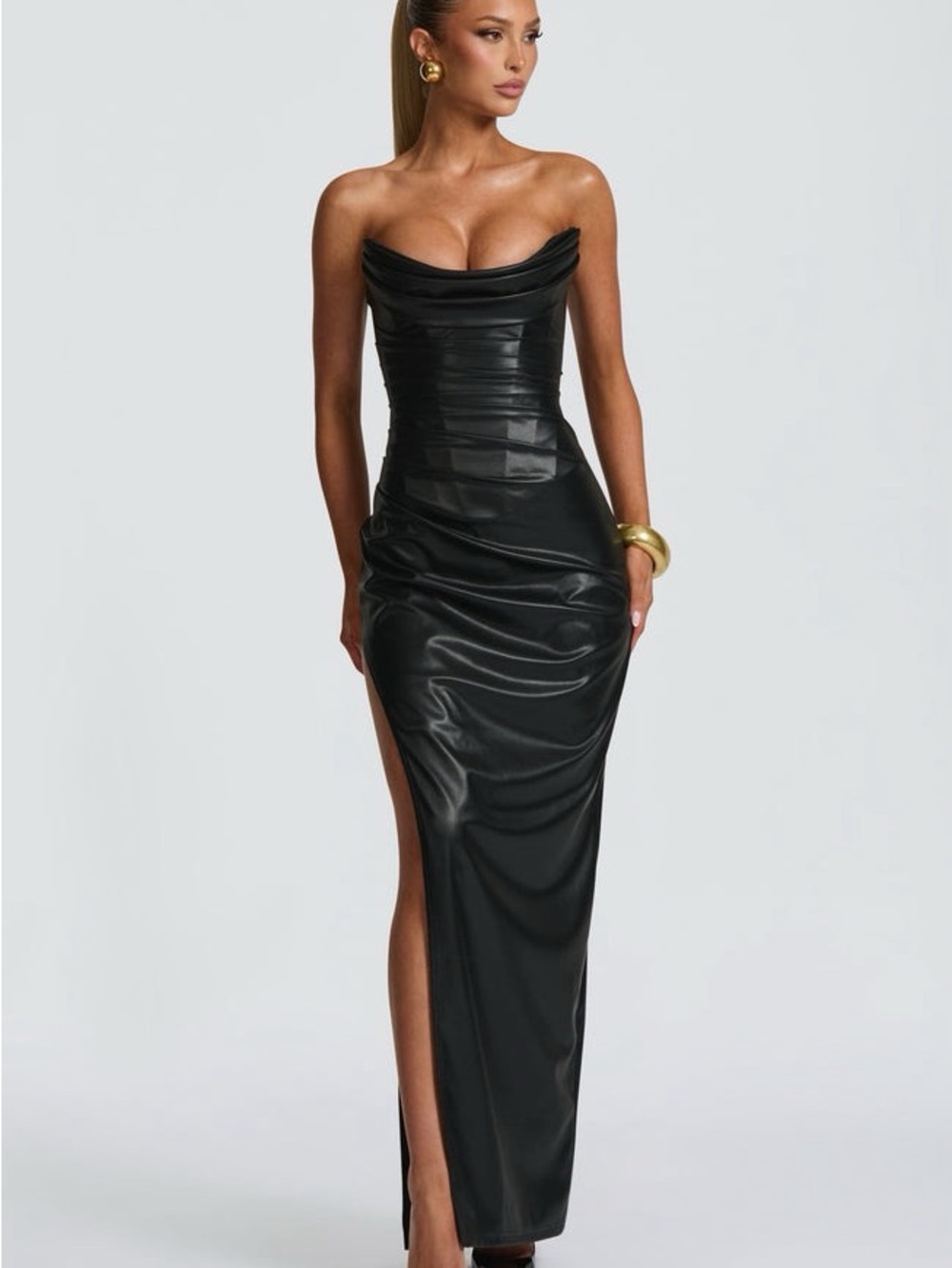 Strapless Black Ruched Satin-Like Evening Gown